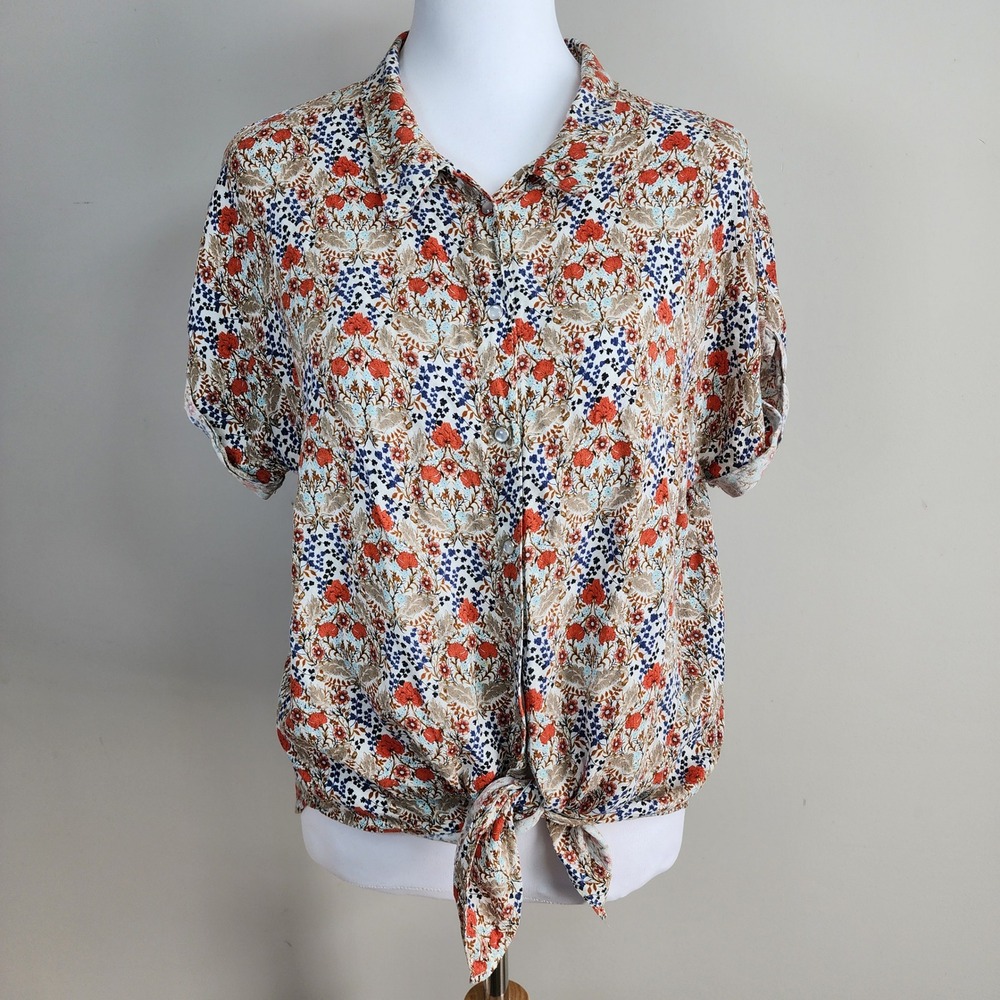 Eve + Enoch Floral Tie Front Button Down Shirt‎ Womens Large Pearl Snaps Boho